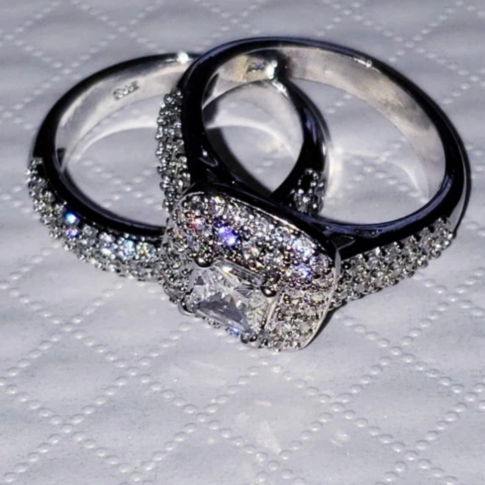 925 Sterling Silver Square Cut Ring Set